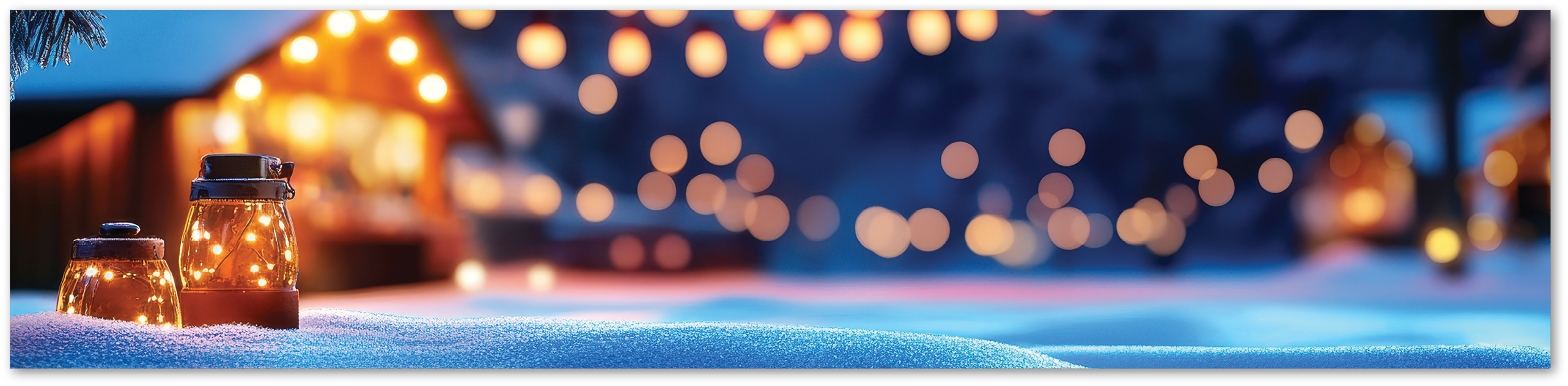 A serene winter scene illuminated by festive lights, showcasing cozy cabins and a snowy landscape.