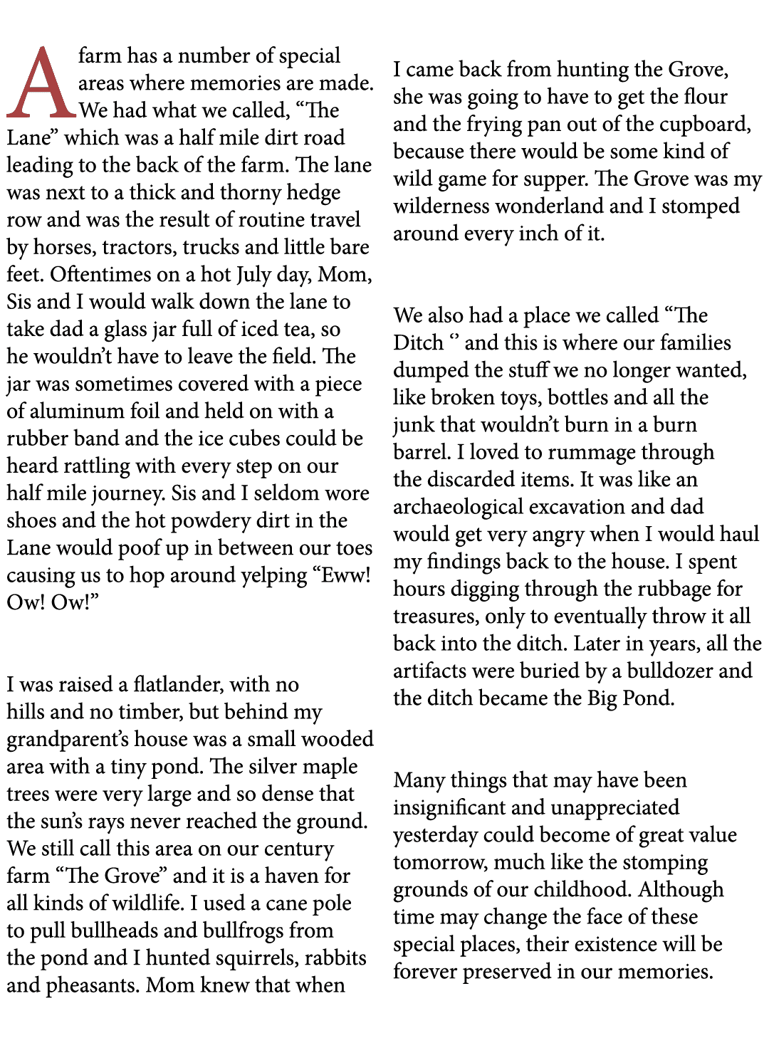 A farm has a number of special areas where memories are made. We had what we called, “The Lane” which was a half mile...