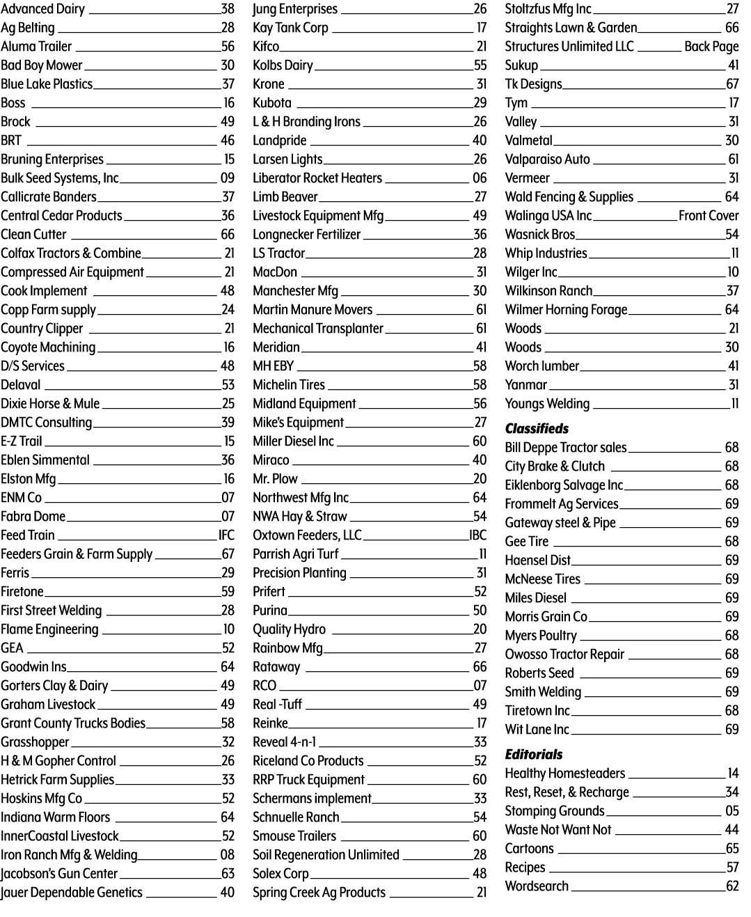 Advanced Dairy 38 Ag Belting 28 Aluma Trailer 56 Bad Boy Mower 30 Blue Lake Plastics 37 Boss 16 Brock 49 BRT 46 Bruni...